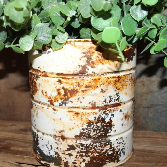 White Rustic Grungy Chippy & Aged Primitive Farmhouse Metal Can Pot w/Eucalyptus - Picture 5 of 9